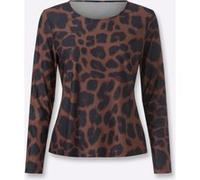 Langarmshirt HEINE "Druck-Shirt", Damen, Gr. 40, braun (braun, marine, bedruckt), 95% Polyester, 5% Elasthan, bedruckt, gemustert, mehrfarbig, Rundhals, Shirts Langarmshirt (98195565-40) braun, marine