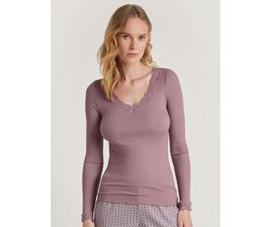 Langarmshirt CALIDA "Richesse Lace", Damen, Gr. L (48/50), lila (elderberry), Feinripp, Obermaterial: 70% Schurwolle, 30% Seide, unifarben, bequem hüftbedeckend, tiefer V-Ausschnitt, Spitzenkante, Shi