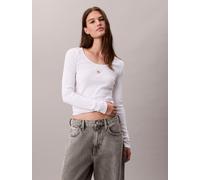 Langarmshirt CALVIN KLEIN JEANS "LS WOVEN LABEL 2X2 RIB SCOOP NEC", Damen, Gr. XL (44), weiß (brilliant weiß), Web, Obermaterial: 94% Baumwolle, 6% Elasthan, unifarben, regular fit normal, Rundhals, e
