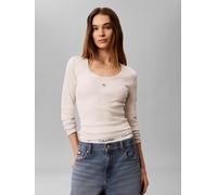 Langarmshirt CALVIN KLEIN JEANS "LS WOVEN LABEL 2X2 RIB SCOOP NEC", Damen, Gr. XL, beige (snow heather), Web, Obermaterial: 95% Baumwolle, 5% Elasthan, regular fit normal, Rundhals, eingesetzt gerader