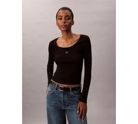 Langarmshirt CALVIN KLEIN JEANS "LS WOVEN LABEL 2X2 RIB SCOOP NEC", Damen, Gr. XXL (46), schwarz, Web, Obermaterial: 94% Baumwolle, 6% Elasthan, unifarben, regular fit normal, Rundhals, eingesetzt ger