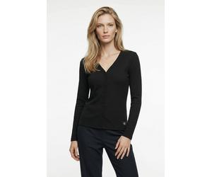 Langarmshirt CALVIN KLEIN JEANS "WOVEN LABEL BABY RIB BUTTON", Damen, Gr. XXL, schwarz, Web, Obermaterial: 95% Baumwolle, 5% Elasthan, unifarben, figurbetont taillenbedeckt, V-Ausschnitt, eingesetzt g