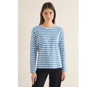 Langarmshirt CECIL, Damen, Gr. XL (44), fountain blau, Web, 100% Baumwolle, gestreift, comfort fit normal, U-Boot-Ausschnitt, abgesteppt, Shirts Langarmshirt, mit U-Boot-Ausschnitt (84450738-XL) fount