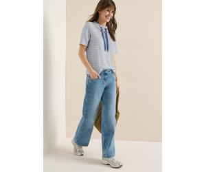 Langarmshirt CECIL, Damen, Gr. XXL (46), sporty denim blau, Stoff, 52% Viskose, 47% Polyester, 1% Elasthan, gestreift, comfort fit normal, hoch geschlossener Ausschnitt, abgesteppt, Shirts Langarmshir