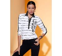 Langarmshirt CREATION L "Poloshirt", Damen, Gr. 44, weiß, schwarz, geringelt, 50% Baumwolle, 50% Modal, gemustert, gestreift, Shirts Langarmshirt (54743713-44) weiß, schwarz, geringelt
