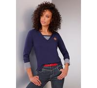 Langarmshirt CREATION L PREMIUM "Pima-Baumwoll-Shirt", Damen, Gr. 46, blau (marine), 95% Baumwolle, 5% Elasthan, gemustert, unifarben, V-Ausschnitt, Shirts Langarmshirt (56728359-46) marine