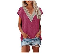 Langarmshirt Damen Damen Tops Sport Crop Top Damen Sommer Einfarbig Spitze Patchwork V Ausschnitt BlüTenblatt äRmel Kurzarmshirt Sexy Casual Locker T-Shirt Top Strandtunika Damen (Wine, M)