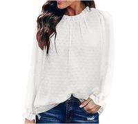 Langarmshirt Damen Elegant Chiffon Stehkragen Lange Puffärmel Langarm Pom Pom Dots Einfarbig Locker T-Shirt Schwarz Weiß Blau Rosa Lässig Oberteil Top Pullover s-XXL (EU Größe 34-42)