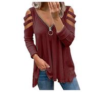 Langarmshirt Damen Elegant, Cutout Schulterfreies Oberteil Damen Sexy,T Shirt Damen V Ausschnitt mit Reißverschluss Oberteile Locker Lässig Tunika Top Stilvolle Pullover Blusen & Tuniken für Frauen