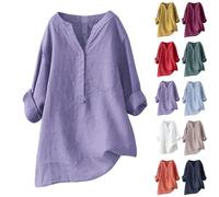 Langarmshirt Damen Elegant Sommershirt V-Ausschnitt Businesshemd Einfarbig Strandshirt Locker Damenblusen Große Größen Musselinbluse Leicht Blusenshirt Leinenhemd Damen Sommer
