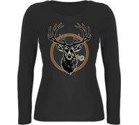 Langarmshirt Damen - Kompatibel mit Oktoberfest - Cooler Hirsch Hirschgeweih Jäger - XS - Schwarz - t-Shirt Langarm Bayerisches Oberteil Frau bayrische hirsche Shirt Tshirt trachtentshirts bayrisch