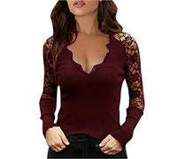 Langarmshirt Damen Langarm Basic Longsleeve Sommer Pullover Off Shoulder Long Style Pendelbluse mit V-Ausschnitt und Spitzenboden (XXL,4rot)