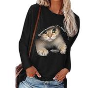 Langarmshirt Damen Lustig - Pullover Damen mit 3D Katze Motiv T Shirt Langarm Oberteile Rundhals Sweatshirt Große Größen Bluse Top Tshirt Langarmshirts für Frauen Teenager Mädchen Herbst Winter