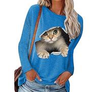 Langarmshirt Damen Lustig - Pullover Damen mit 3D Katze Motiv T Shirt Langarm Oberteile Rundhals Sweatshirt Große Größen Bluse Top Tshirt Langarmshirts für Frauen Teenager Mädchen Herbst Winter
