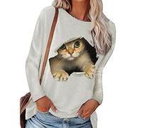 Langarmshirt Damen Lustig - Pullover Damen mit 3D Katze Motiv T Shirt Langarm Oberteile Rundhals Sweatshirt Große Größen Bluse Top Tshirt Langarmshirts für Frauen Teenager Mädchen Herbst Winter
