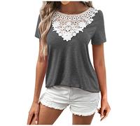 Langarmshirt Damen Maxi Damen Sommer Italienische Mode Damen Einfarbig Sexy Cut Out Spitze Patchwork T-Shirts Rundhals Kurzarm Basic Shirts Sommer LäSsig Cropped Top Damen (GrüN, L)