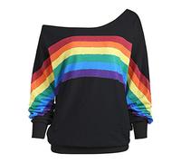 Langarmshirt Damen mit Regenbogen Drucken,Oversize Pullover Damen Dünn,T Shirt Damen Langarm Schulterfreies Oberteil Große Größe Locker Sweatshirt Tunika Top Sport,T-Shirts für Frauen