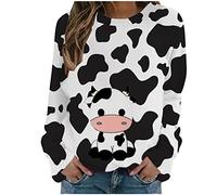 Langarmshirt Damen Nette Cartoon Kuh Muster Rundhals Langarm Tshirt Frühling Herbst Tunika Oberteil Tops Frauen Teenager Mädchen Locker T Shirt Casual Blusen Streetwear