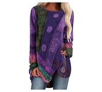 Langarmshirt Damen Pullover - Longshirt Damen Vintage Oberteile Elegant Bluse T Shirt Langarm Asymmetrische mit Blumen Aufdruck Locker Lässig Tunika Top Tee Sweatshirt T-Shirts für Frauen