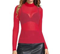 Langarmshirt Damen Rollkragen Sexy Tunika Transparente Mesh T-Shirt Basic Langarm Tops Herbst Winter T-Shirt Bluse Große Größen Blouse Oberteile Teenager Mädchen Longshirt Blusentops