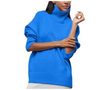 Langarmshirt Damen Rollkragenpullover Turtleneck Oberteile Casual Einfarbig Rolli Pullover Basic Top Pullover Winter Rollkragenpullover Warm Langarm Strickpullover Lässiges Stricken Pulli (Blue, XXL)