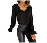 Langarmshirt Damen Seidentop - V Ausschnitt Rückenfreies Spitzen Patchwork Sexy T Shirt Flared Langarm Oberteile Pullover Locker Lässig Langarmshirts für Frauen Party Oberteil Tunika Tops Bluse