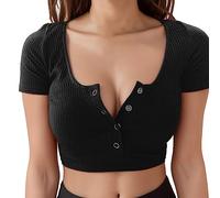 Langarmshirt Damen Sexy Sexy Bluse Tank Knopf Ernte Frauen Kurze Top sexy T-Shirt Ärmel rund Oben Ausschnitt schlanke Frauen-Bluse Weißes Shirt
