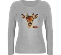 Langarmshirt Damen - Süßes REH mit Blumen Tracht Hirsch Geschenke Waldtier Geschenk Rehkitz I Volksfest - XS - Grau meliert - Trachten Shirt Langarm Motiv hirschmotiv Tshirt Oberteil Baby t-Shirt