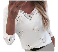 Langarmshirt Damen T-Shirt Elegant Shirts Casual Basic Oberteile Langarm Tops Oversize T-Shirt Top Bluse Frauen Herzen Print V-Ausschnitt Spitze Patchwork Langarm (M,Weiß)