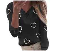 Langarmshirt Damen T-Shirt Elegant Shirts Casual Basic Oberteile Langarm Tops Oversize T-Shirt Top Bluse Frauen Herzen Print V-Ausschnitt Spitze Patchwork Langarm (3XL,Schwarz)