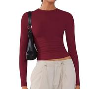 Langarmshirt Damen Tshirts Rundhals Elegant Langarm Oberteile Basic Eng Y2k Tee Tops Einfarbig Shirts Burgund XXL