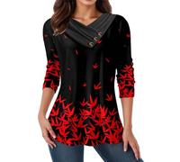 Langarmshirt Damen V Ausschnitt Bluse Elegant Oberteile Langarm Pullover Tshirt mit Blumen Aufdruck Locker Lässig Tunika Blusenshirt Tops Stylisches Blusen & Tuniken für Damen