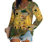 Langarmshirt Damen V-Ausschnitt Oberteile Klimt Oversized Langarm Shirt Ölgemälde-Stil Elegant Lose Longshirt T-Shirt Pullover Senfgelb Basic Top