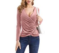 Langarmshirt Damen V Ausschnitt- Samt Top Damen Sexy,Oberteile Damen Elegant Pullover Bluse Crossover Wickelshirt Langarm T Shirt Slim Fit Tunika Top Longshirt Hemd Blusen & Tuniken für Frauen