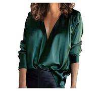 Langarmshirt Damen V Ausschnitt - Satin Bluse Elegant Seidenbluse Damen Tunika Top Langarm T Shirt Oberteile Seidenhemd Lockere Lässige Sexy Blusenshirt Hemd Tops Blusen & Tuniken für Damen