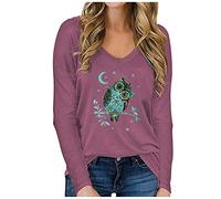 Langarmshirt Damen V-Ausschnitt,T Shirt Damen Langarm mit Eule Aufdruck,Oberteile Damen Große Größen Locker Tunika Tops Bluse Lässig Activewear-Shirts & Blusen für Frauen Teenager Mädchen