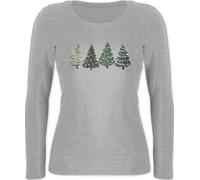 Langarmshirt Damen - Weihnachten Geschenke Christmas Bekleidung - Weihnachtsbäume - M - Grau meliert - Weihnachts Shirt Langarm weihnachtsshirt weihnachtsmotiv Tannenbaum Oberteil Longsleeve