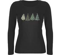 Langarmshirt Damen - Weihnachten Geschenke Christmas Bekleidung - Weihnachtsbäume - M - Schwarz - Weihnachts Shirt Langarm weihnachtsshirt weihnachtsmotiv Tannenbaum Oberteil Longsleeve