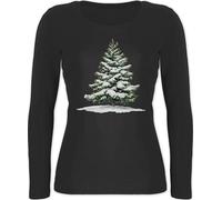 Langarmshirt Damen - Weihnachten - Motiv Weihnachtsbaum mit Schnee Geschenk Wintermotiv Schneebedeckte Tanne I Winter Geschenk zur Winterzeit - XS - Schwarz - weihnachtsshirt langarm christmas
