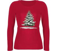 Langarmshirt Damen - Weihnachten - Motiv Weihnachtsbaum mit Schnee Geschenk Wintermotiv Schneebedeckte Tanne I Winter Geschenk zur Winterzeit - L - Rot - weihnachtsshirt langarm christmas tannenbaum