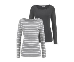 Langarmshirt FLASHLIGHTS "aus Baumwolle, Trendstarke Farben und Streifen, im Doppelpack", Damen, Gr. 48/50, bunt (grau, weiß, gestreift, anthrazit, meliert), Rippware, Obermaterial: 95% Baumwolle, 5%