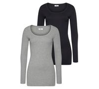 Langarmshirt FLASHLIGHTS, Damen, Gr. 36/38 (S), grau (grau, schwarz), Feinripp, Obermaterial: 100% Baumwolle. Obermaterial Melange: 90% Baumwolle, 10% Viskose, meliert, Basic, sehr figurbetont Po-bede