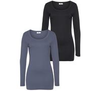 Langarmshirt FLASHLIGHTS, Damen, Gr. 40/42 (M), blau (rauchblau, schwarz), Feinripp, Obermaterial: 100% Baumwolle, unifarben, Basic, sehr figurbetont Po-bedeckend, Rundhals, Shirts Langarmshirt, sehr