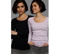 Langarmshirt FLASHLIGHTS, Damen, Gr. 40/42 (M), lila (flieder, schwarz), Feinripp, Obermaterial: 100% Baumwolle, clean, unifarben, Basic, sehr figurbetont Po-bedeckend, Rundhals, Shirts Langarmshirt,