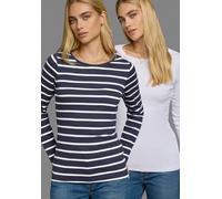 Langarmshirt FLASHLIGHTS, Damen, Gr. 52/54 (XXL), blau (marine, weiß, gestreift, weiß), Feinripp, Obermaterial: 100% Baumwolle, gestreift, unifarben, Basic, sehr figurbetont hüftlang, Rundhals, Shirts