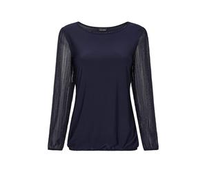 Langarmshirt GOLDNER "Kurzgröße Edles Langarmoberteil mit Glitzerärmeln", Damen, Gr. 19, blau (marine), Obermaterial: 95% Polyester PES. 5% Elasthan EL., Modisch, Shirts Langarmshirt, Chiffon-Ärmel (7