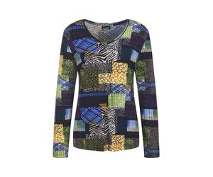 Langarmshirt GOLDNER "Kurzgröße Langarm Viskose-Shirt mit V-Ausschnitt", Damen, Gr. 21, blau (marine, gemustert), Obermaterial: 95% Viskose CV. 5% Elasthan EL., Modisch, figurumspielend, V-Ausschnitt,