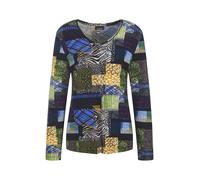 Langarmshirt GOLDNER "Kurzgröße Langarm Viskose-Shirt mit V-Ausschnitt", Damen, Gr. 25, blau (marine, gemustert), Obermaterial: 95% Viskose CV. 5% Elasthan EL., Modisch, figurumspielend, V-Ausschnitt,
