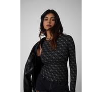 Langarmshirt GUESS "LS BOAT NK TEODORA 4G ALLOVER", Damen, Gr. S, schwarz (jet schwarz a996), Jersey, Obermaterial: 95% Viskose, 5% Elasthan, gemustert, hüftlang, U-Boot-Ausschnitt, abgesteppte Kante,