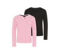 Langarmshirt H.I.S "2er Pack Shirts 1x uni + 1x geringelt, für Mädchen", Mädchen, Gr. 140/146, schwarz, pink geringelt, Single Jersey, Obermaterial: 100% Baumwolle, geringelt, unifarben, Basic, Rundha